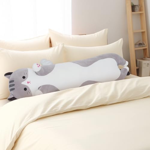 Soft Grey Long Cat Plush Pillow