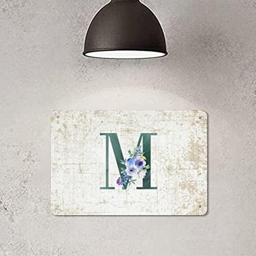 Floral Monogram Letter M Dark Green Tin Sign