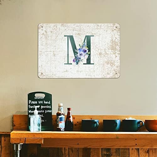 Floral Monogram Letter M Dark Green Tin Sign