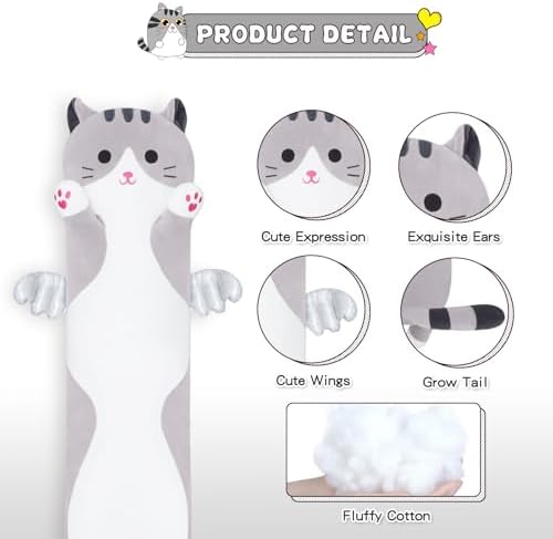Soft Grey Long Cat Plush Pillow
