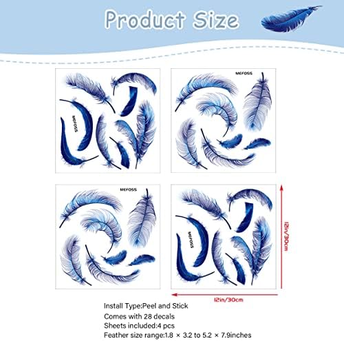 4 Sheets Blue Feather Wall Decals DIY Decor Stickers