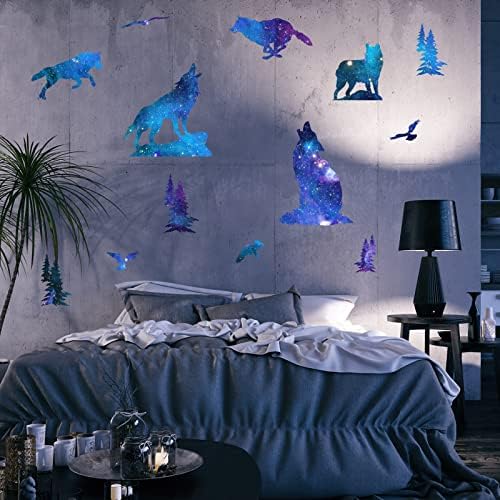 PLIGREAT Dark Blue Starry Sky Wolves Wall Sticker