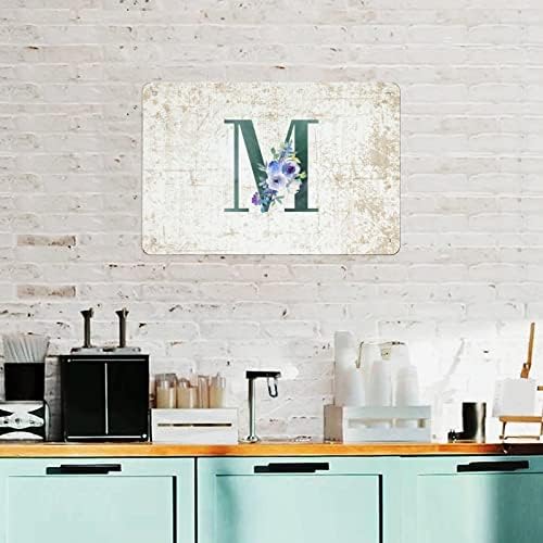 Floral Monogram Letter M Dark Green Tin Sign