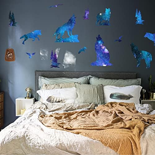 PLIGREAT Dark Blue Starry Sky Wolves Wall Sticker