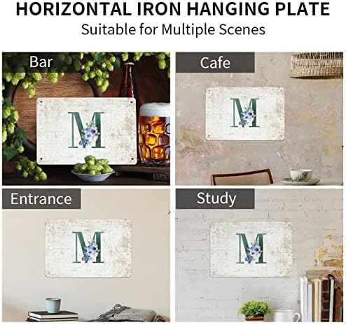 Floral Monogram Letter M Dark Green Tin Sign
