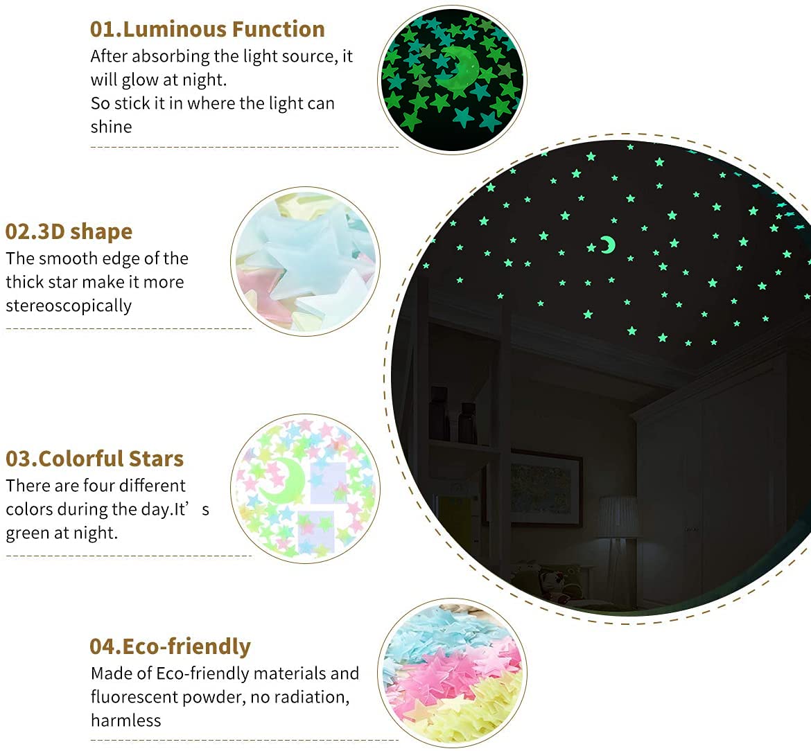 200 Pcs Glow in the Dark Stars and Moon Wall Stickers 1