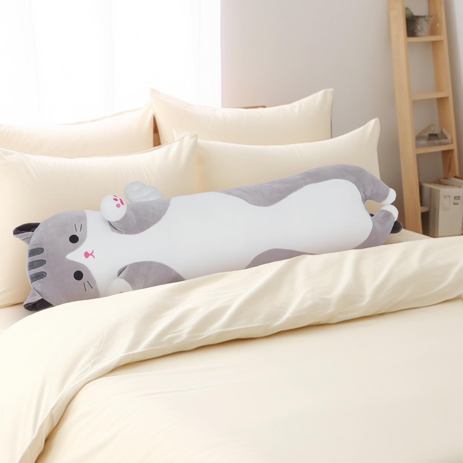 Soft Grey Long Cat Plush Pillow