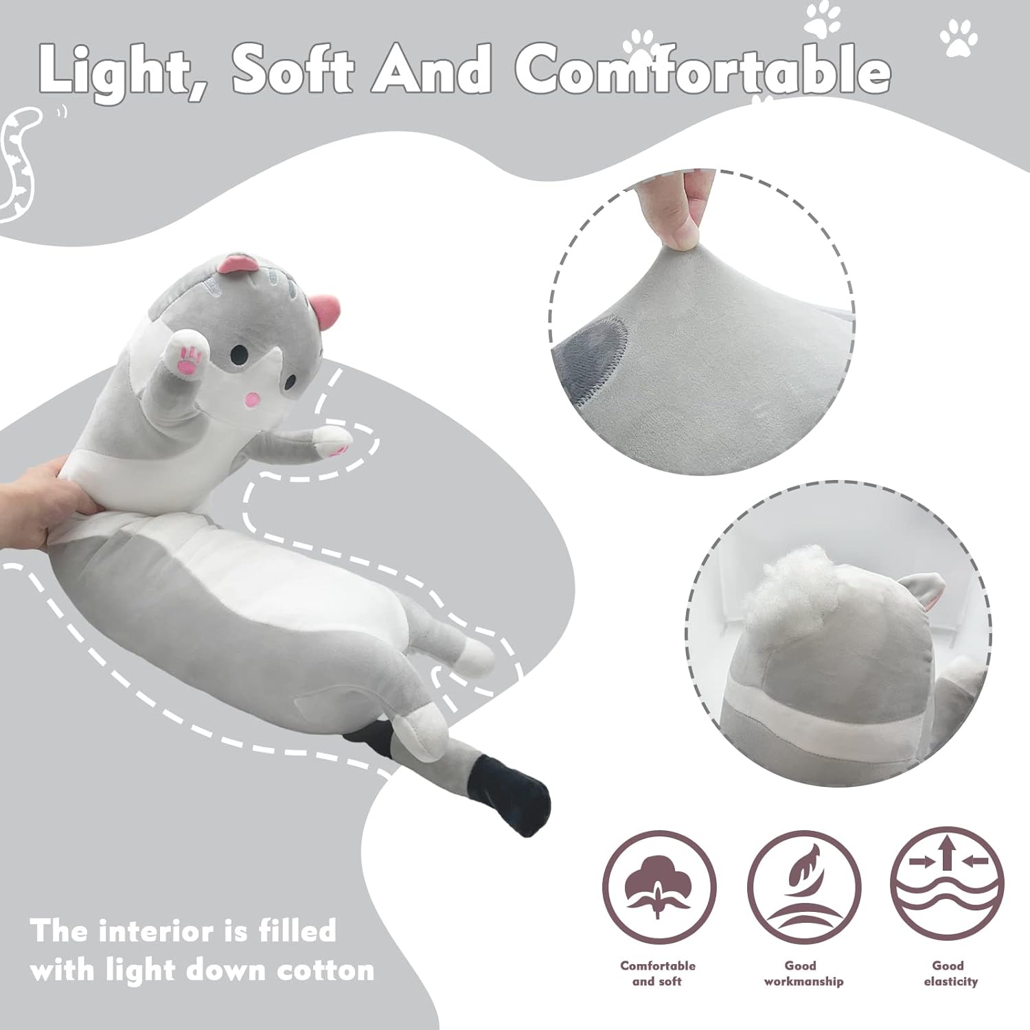 Long Cat Plush Pillow for Kids and Adults