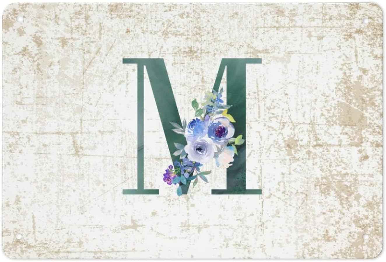 Floral Monogram Letter M Dark Green Tin Sign
