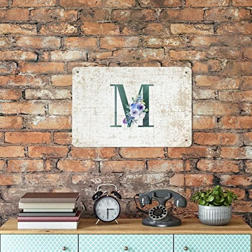 Floral Monogram Letter M Dark Green Tin Sign