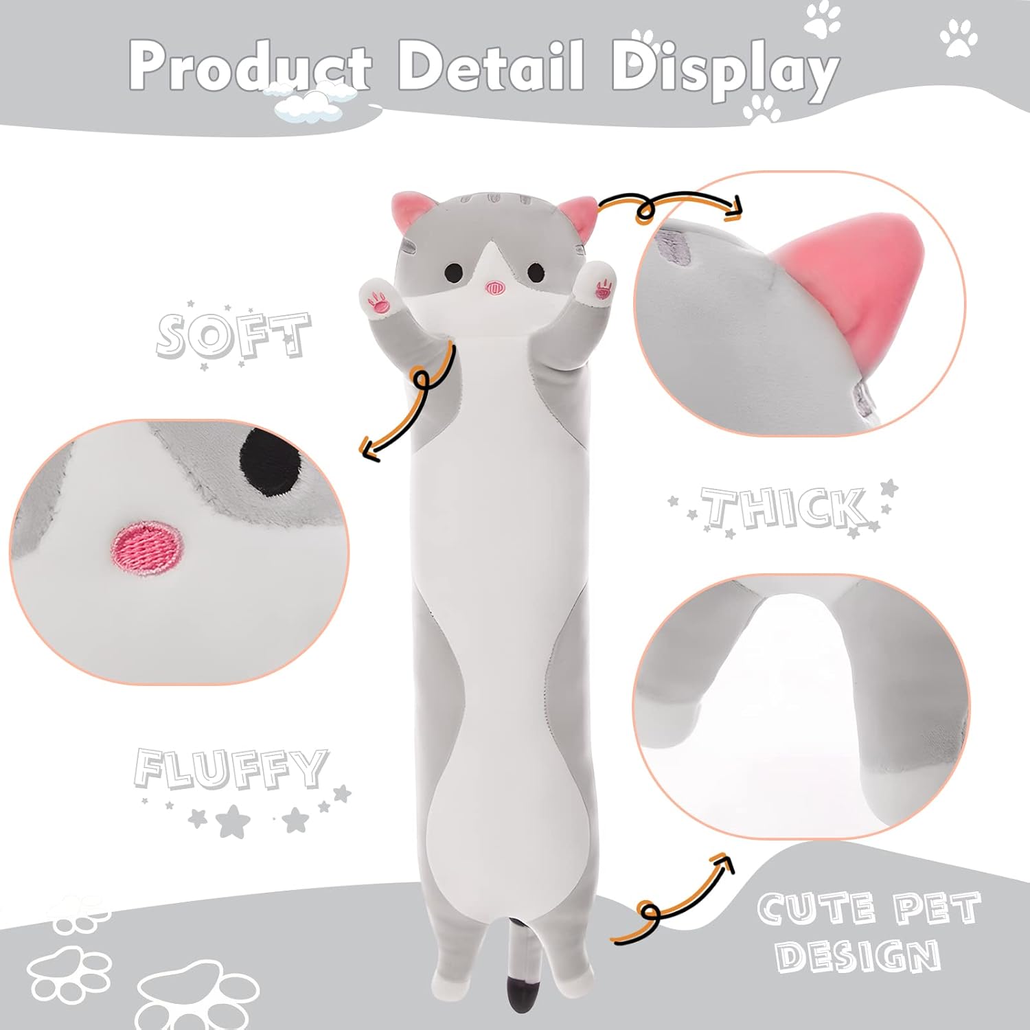 Long Cat Plush Pillow for Kids and Adults