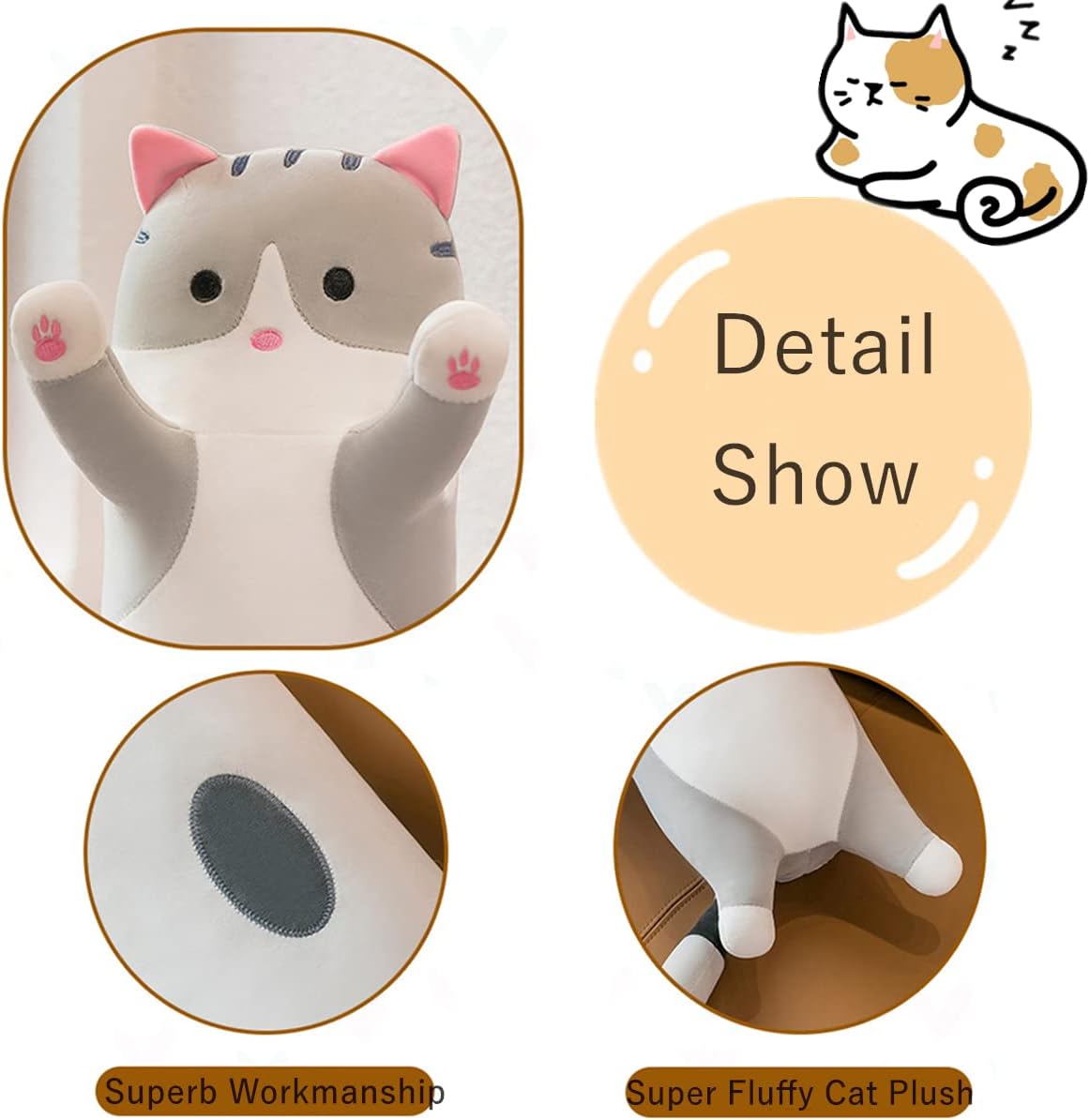 Rexinc Long Gray Cat Plush Pillow Toy
