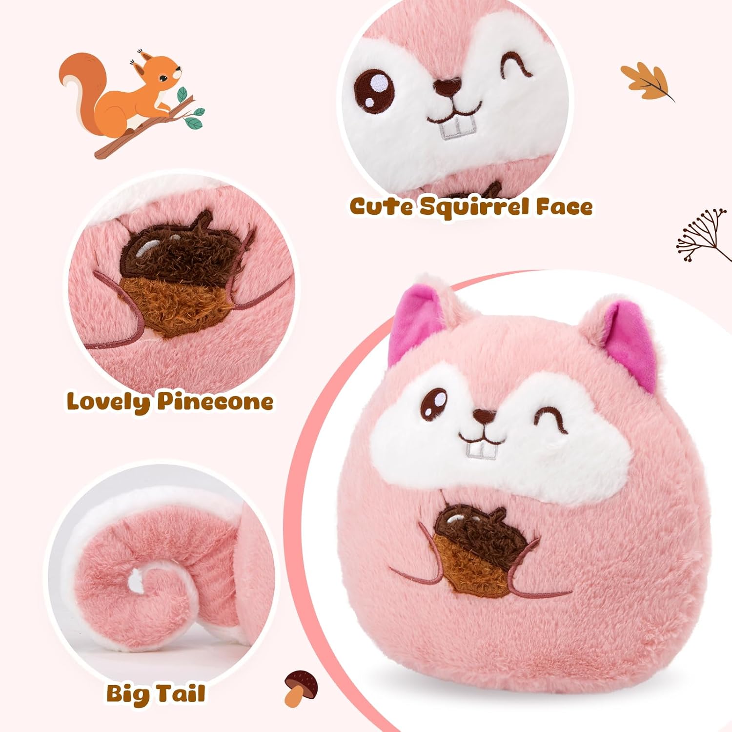WEWILL 12-Inch Pink Squirrel Plush Pillow
