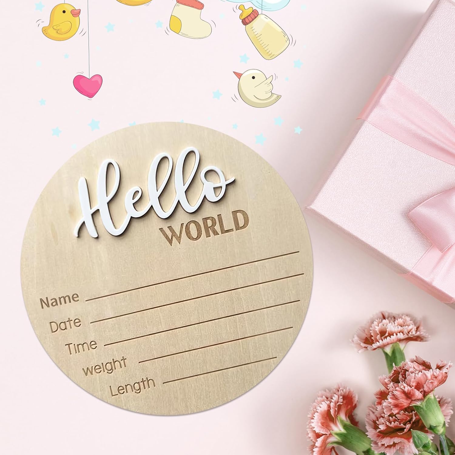 Baby Announcement Sign 59 Inch Wooden Hello World Newborn Sign