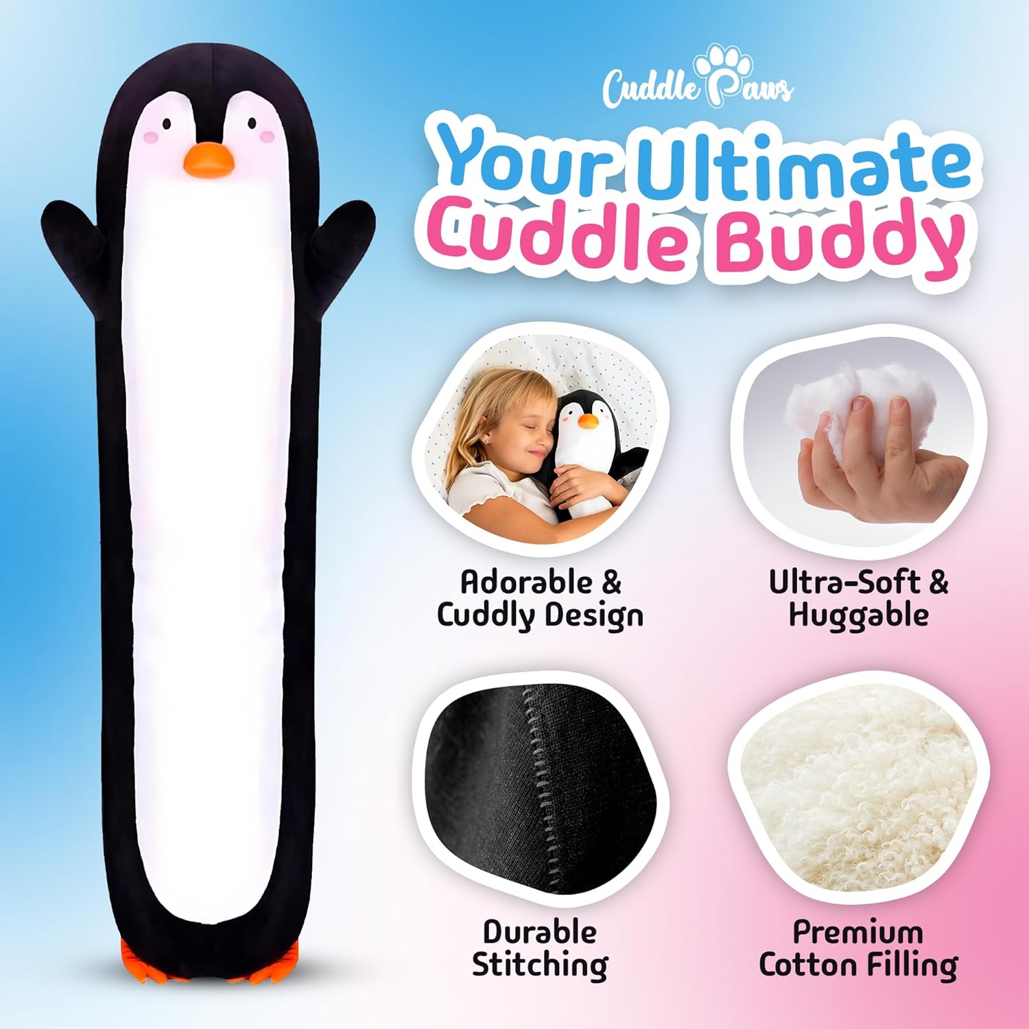 Cuddle Paws Stuffed Animal Penguin Pillow