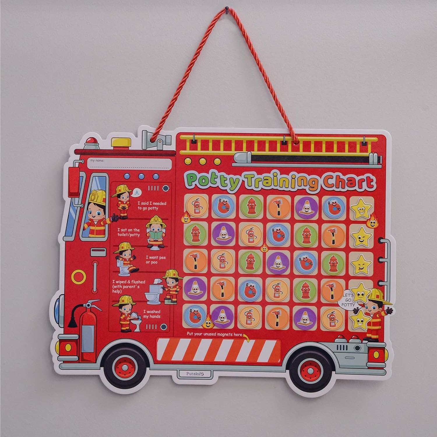 Potty Training Chart with Fireman Stickers and Crown for Toddlers