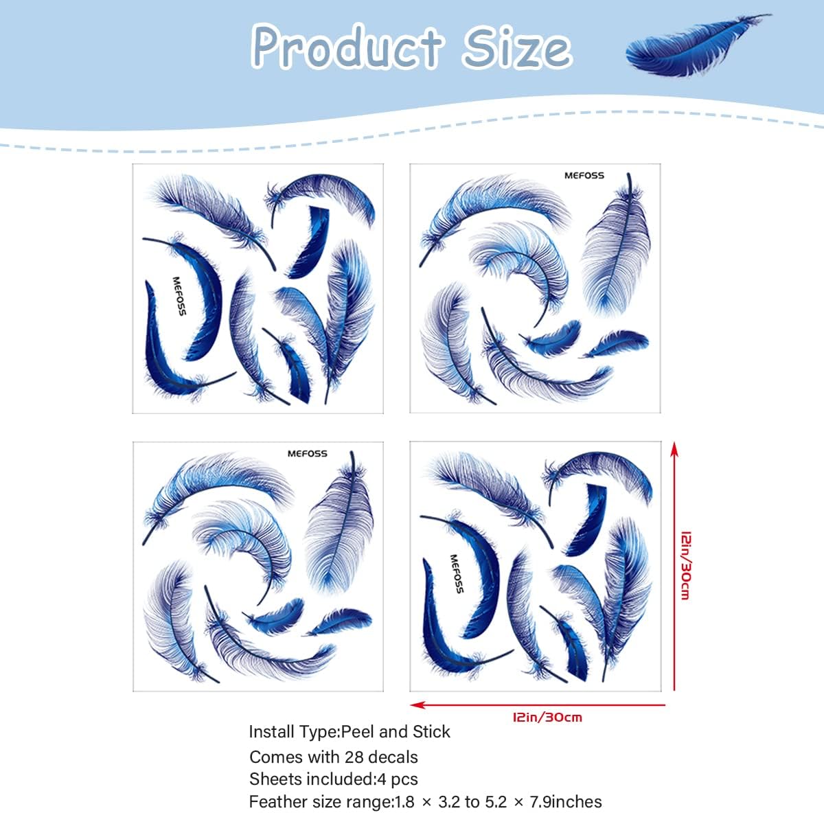 4 Sheets Blue Feather Wall Decals DIY Decor Stickers