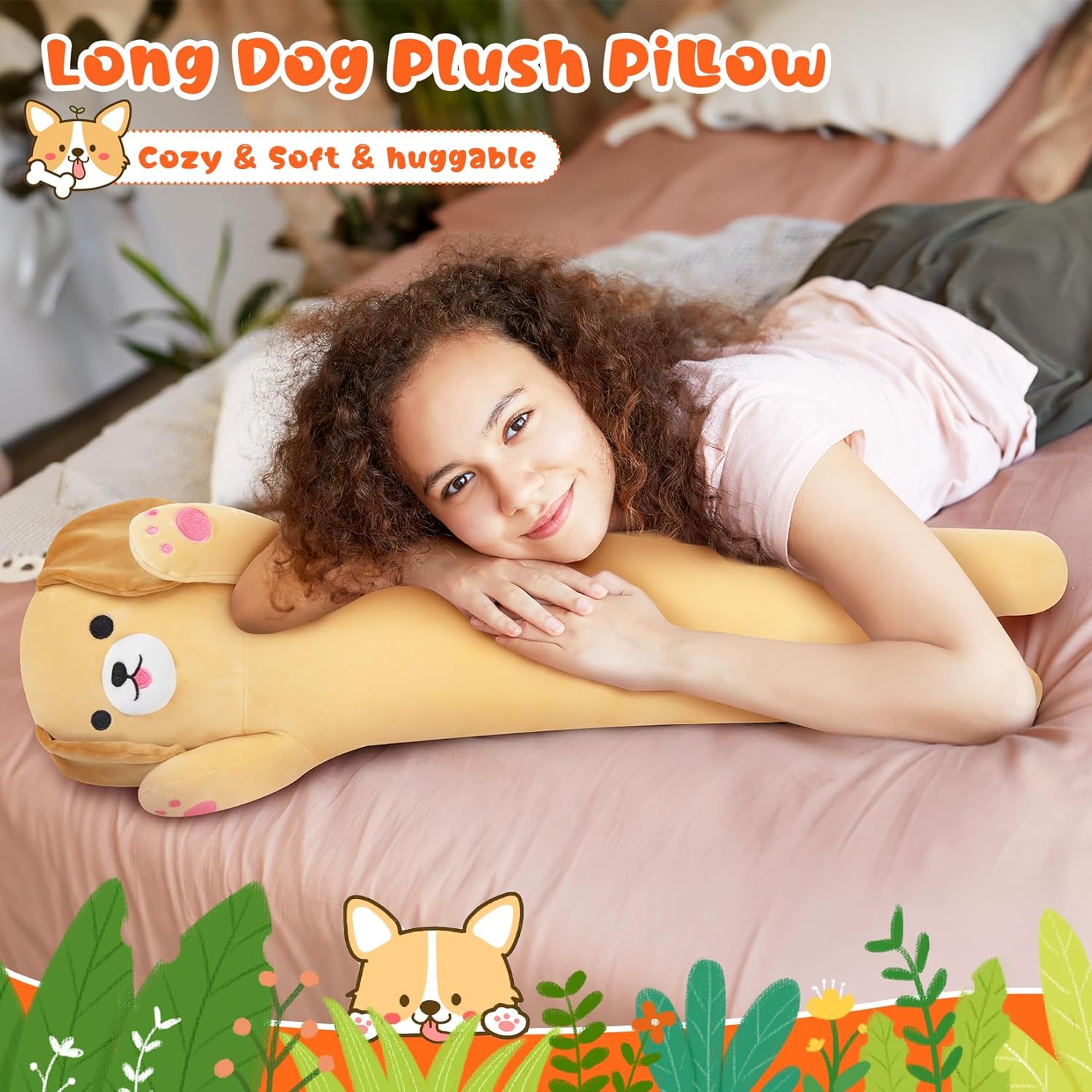 Long Dog Plush Hugging Pillow for Kids and Adults