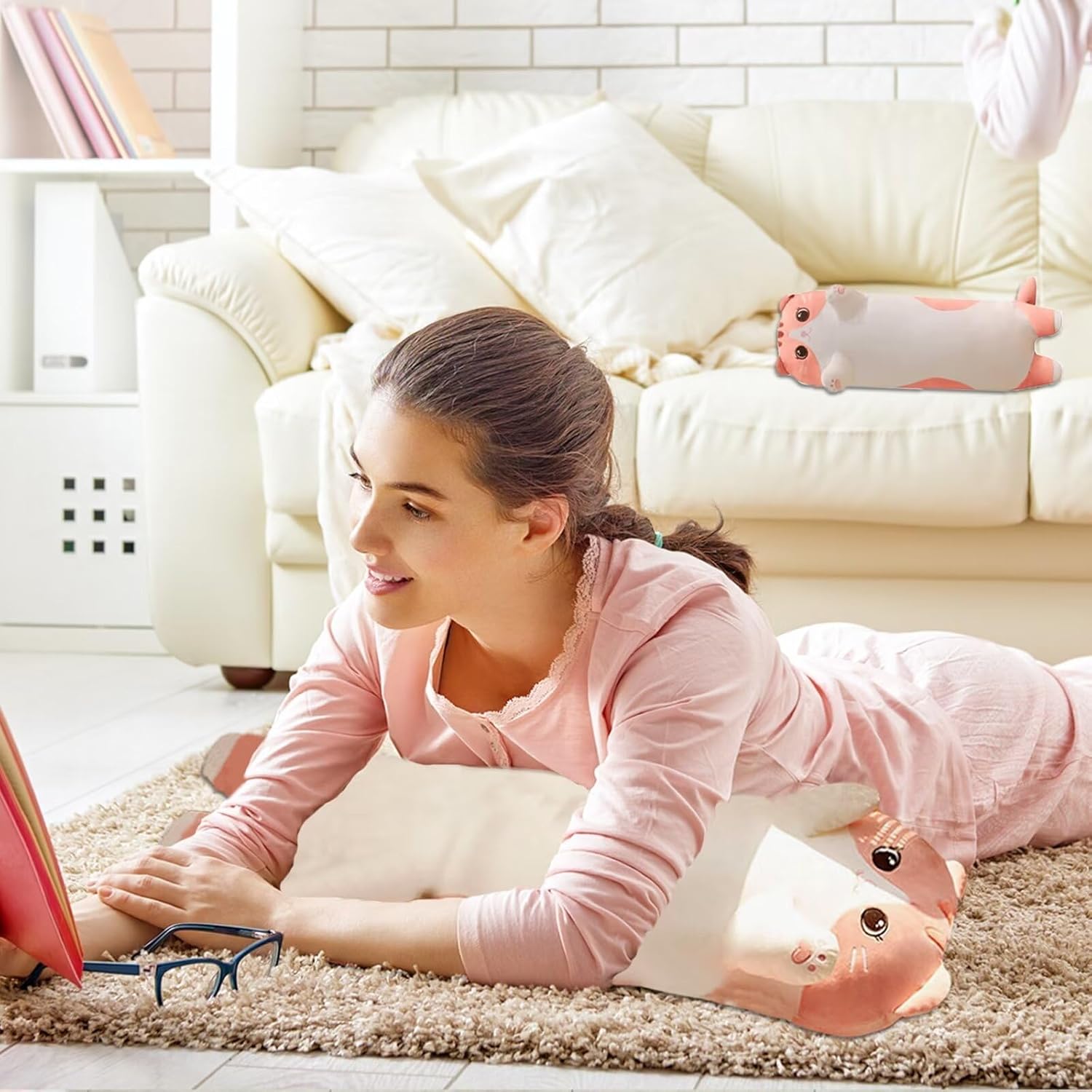 Pink Cat Plush Body Pillow for Kids