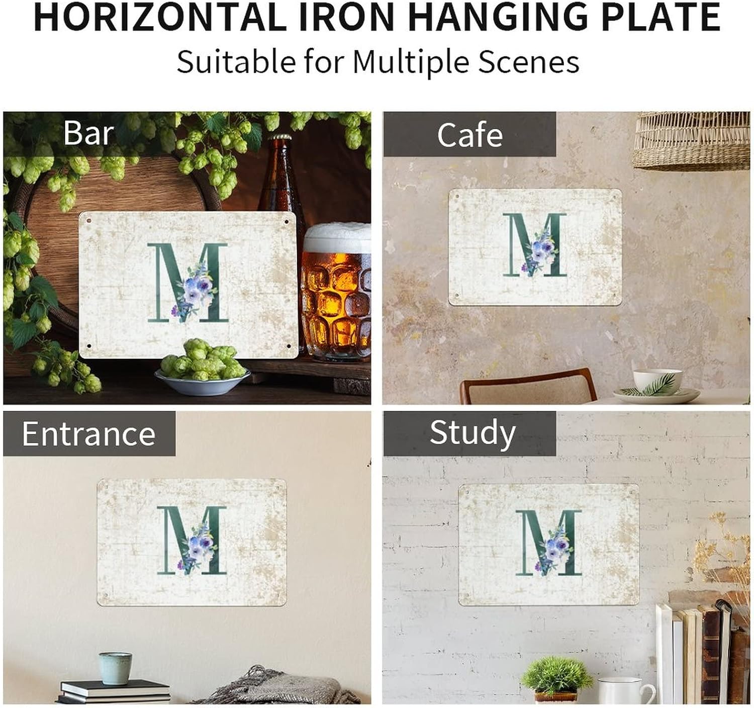 Floral Monogram Letter M Dark Green Tin Sign