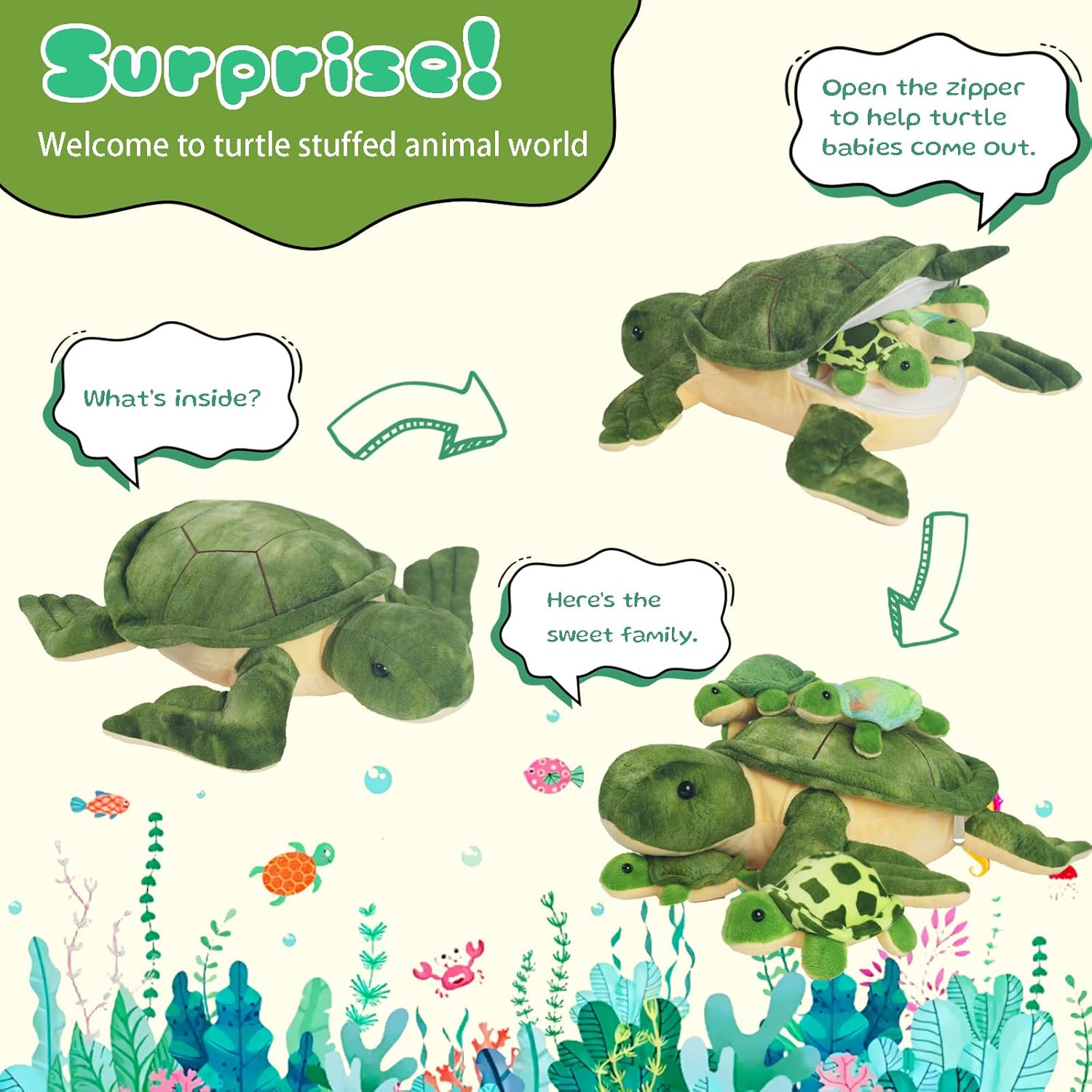 5 Piece Turtle Plush Toy Set with Hidden Babies