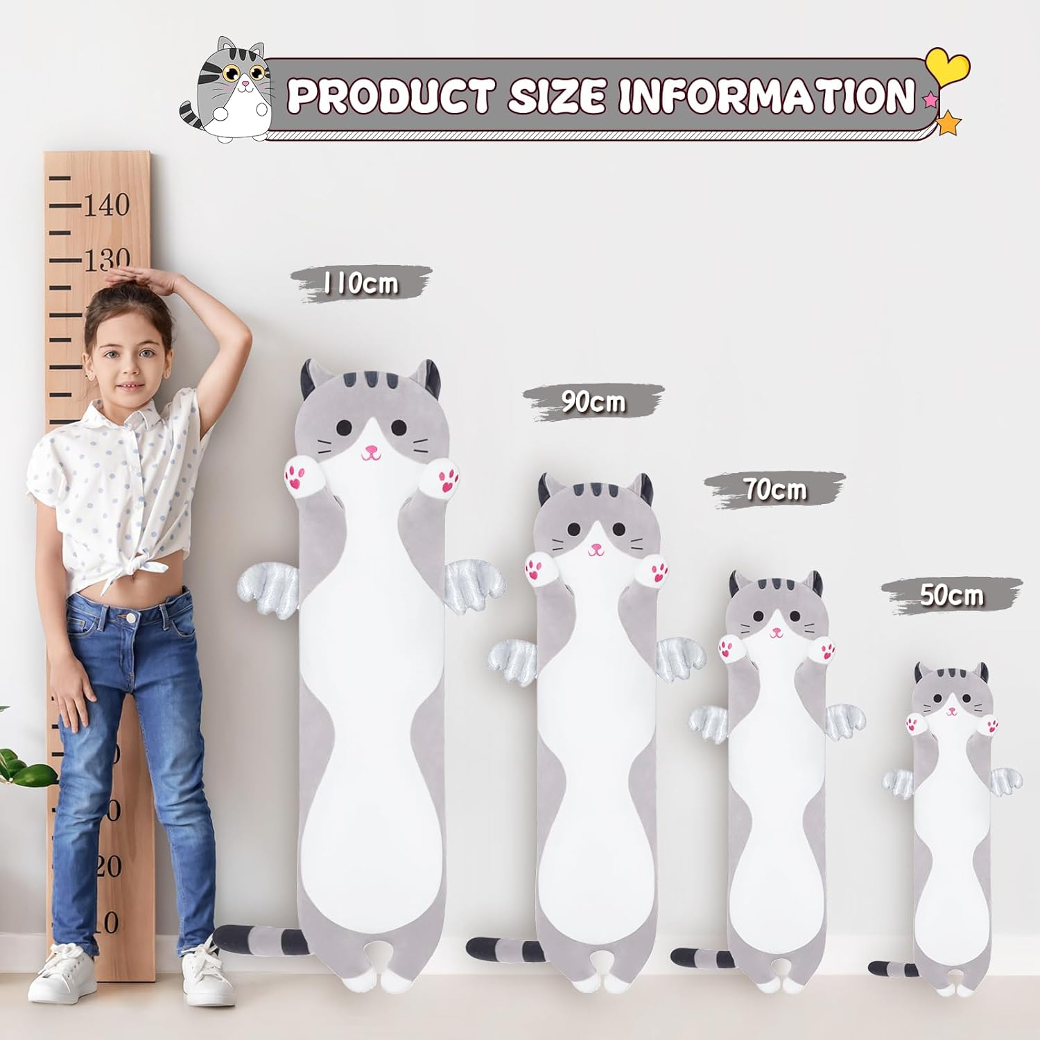 Soft Grey Long Cat Plush Pillow