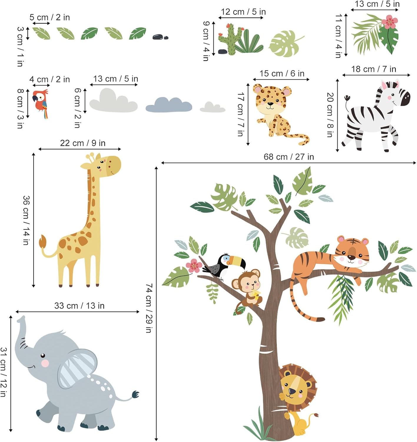 Jungle Animals Tree Wall Decals for Kids Room and Nursery