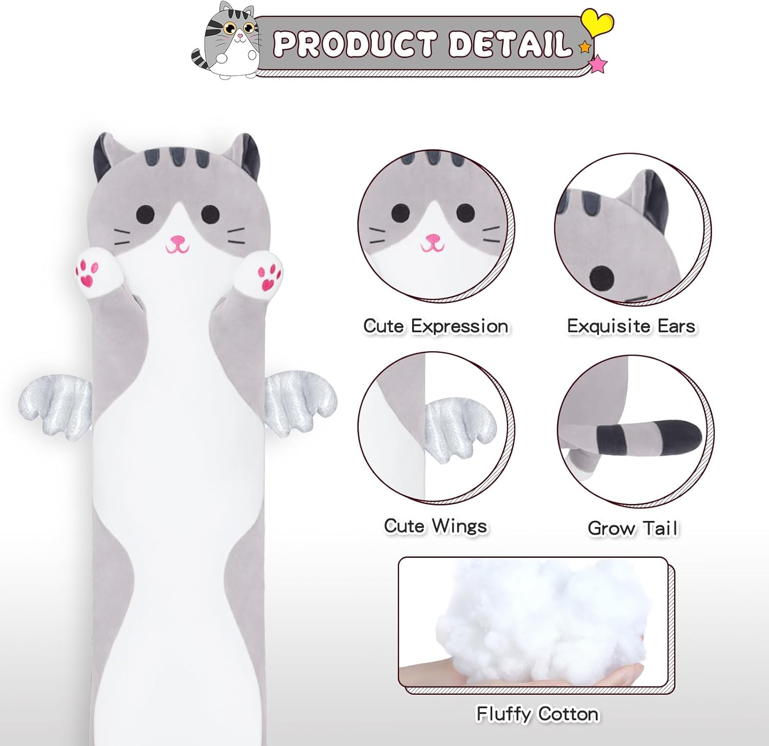 Soft Grey Long Cat Plush Pillow