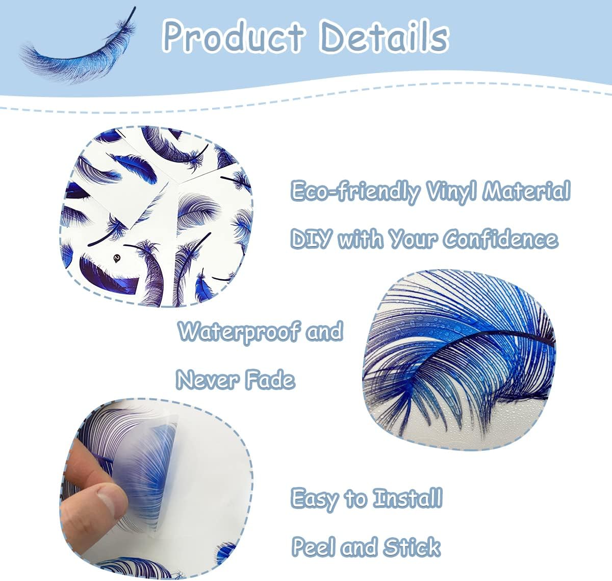4 Sheets Blue Feather Wall Decals DIY Decor Stickers