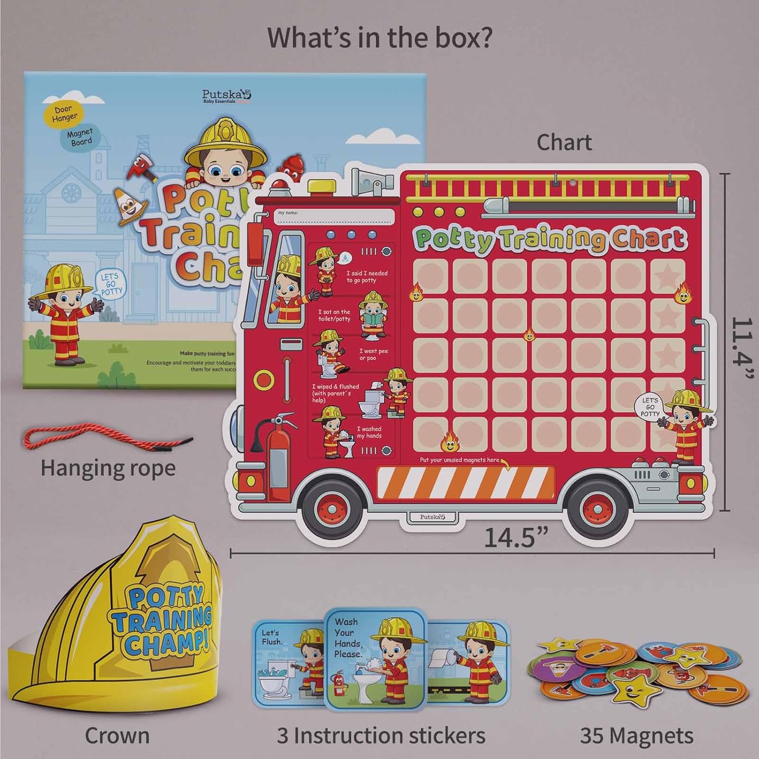 Potty Training Chart with Fireman Stickers and Crown for Toddlers