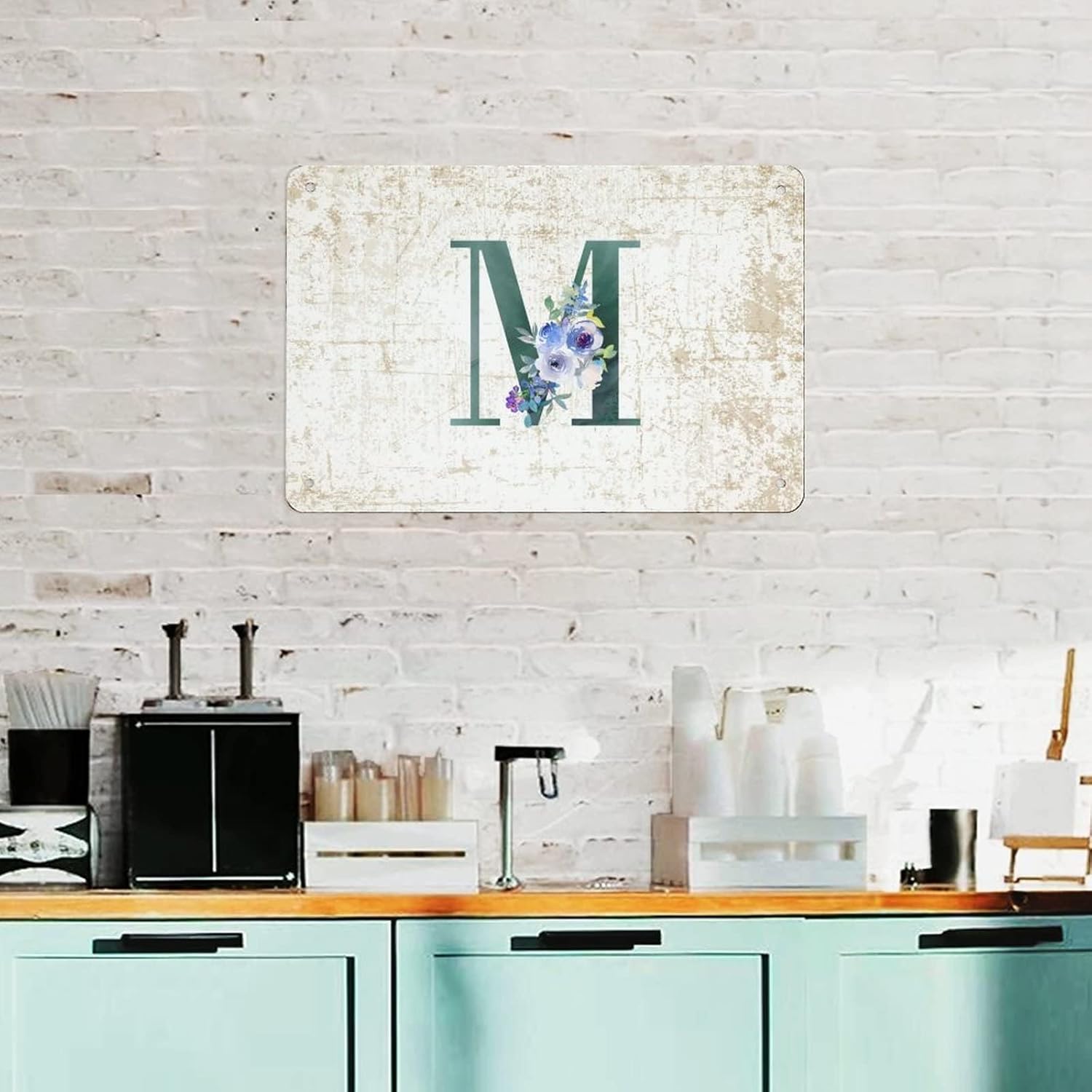 Floral Monogram Letter M Dark Green Tin Sign