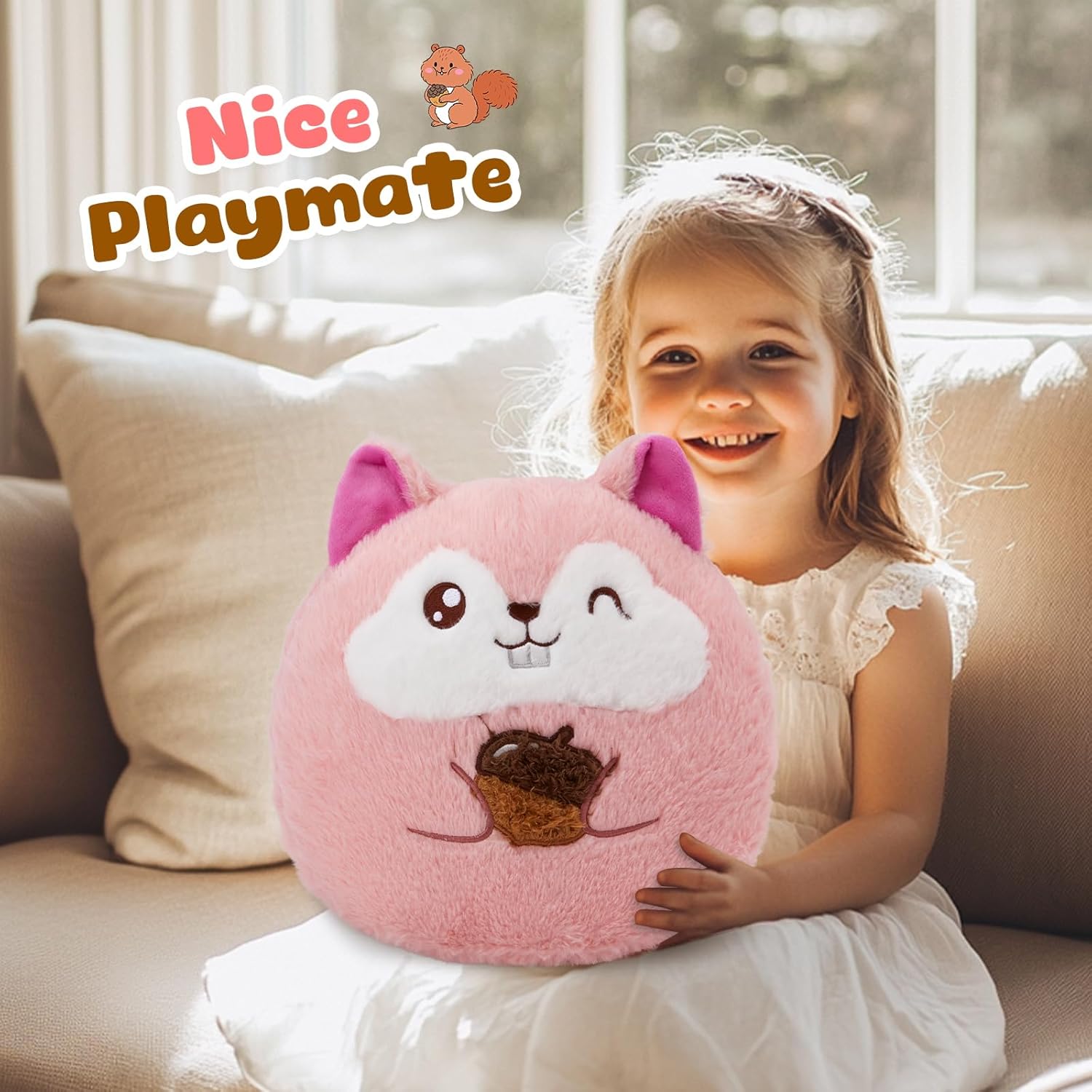 WEWILL 12-Inch Pink Squirrel Plush Pillow