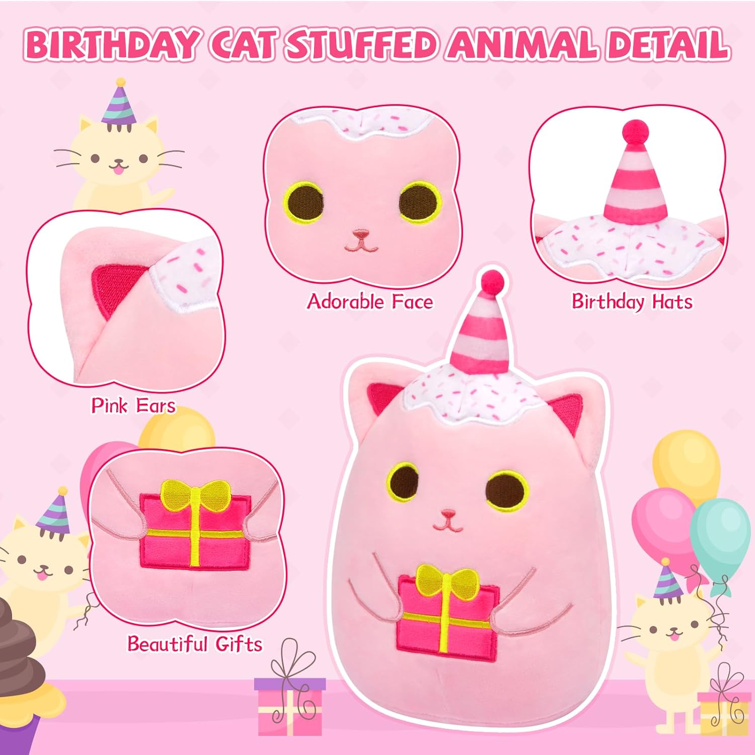 Pink Cat Plush 8 Inch Birthday Pillow Toy