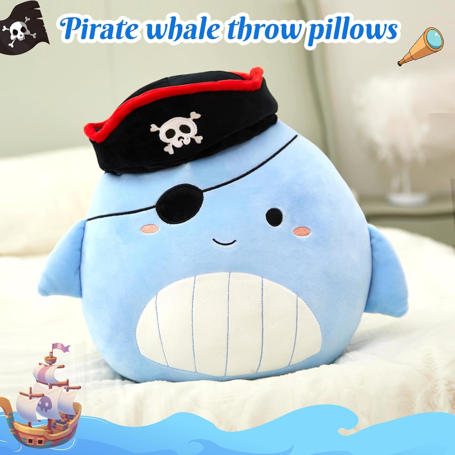 14 Inch Pirate Whale Plush Pillow