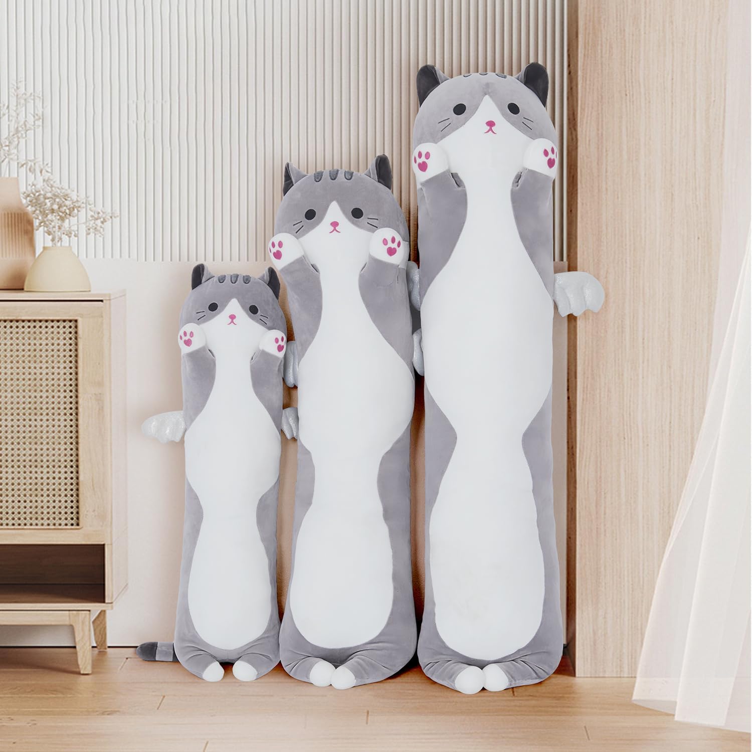 Soft Grey Long Cat Plush Pillow