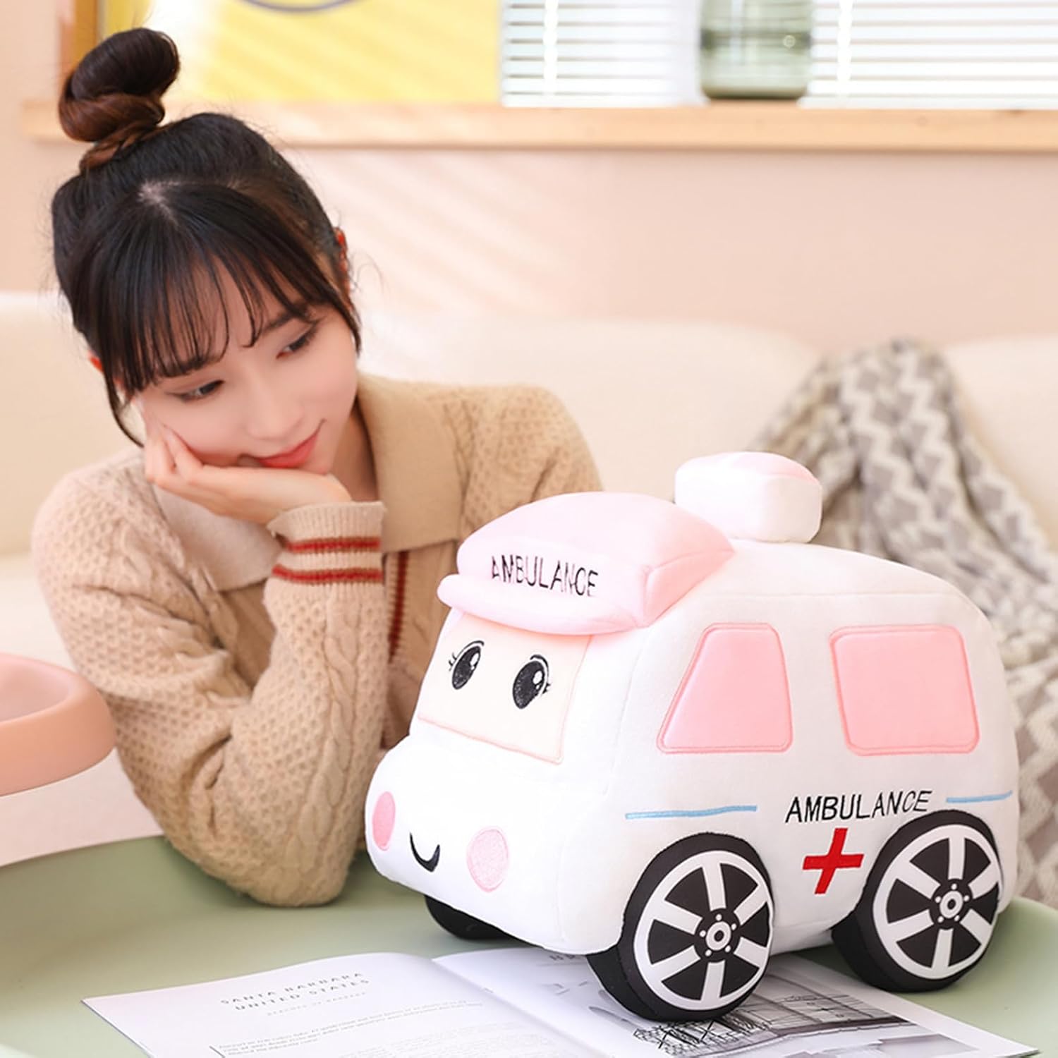 3D Cartoon Ambulance Plush Pillow Toy