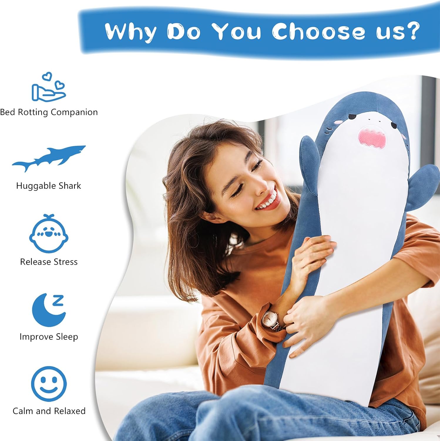 Cute Blue Shark Plush Pillow for Hugging