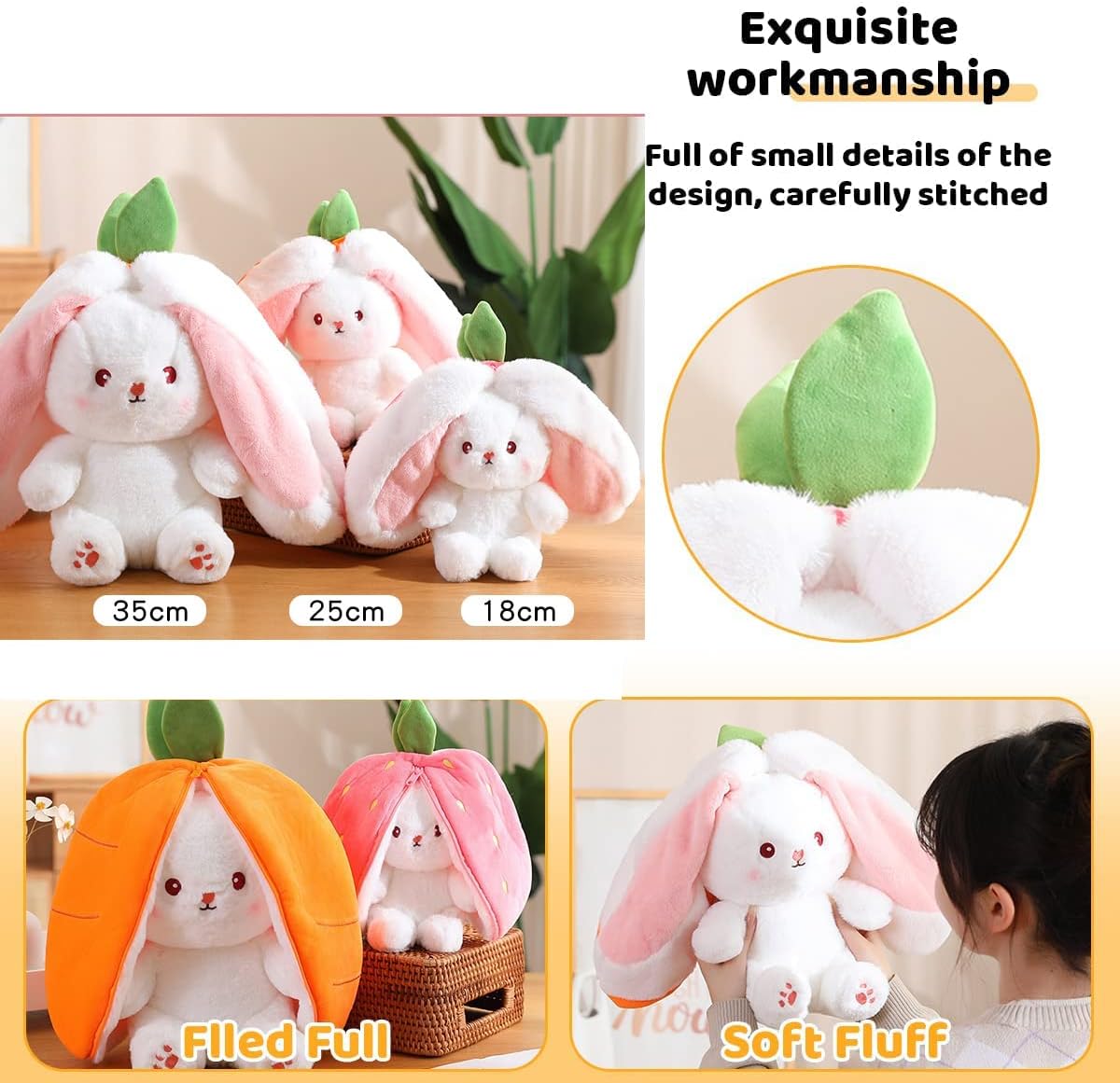 Mukorolee Reversible Bunny Plush Pillow Toy