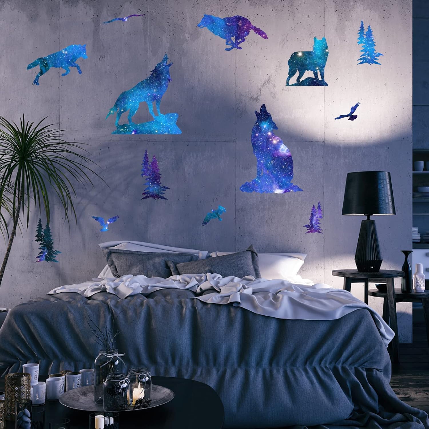 PLIGREAT Dark Blue Starry Sky Wolves Wall Sticker