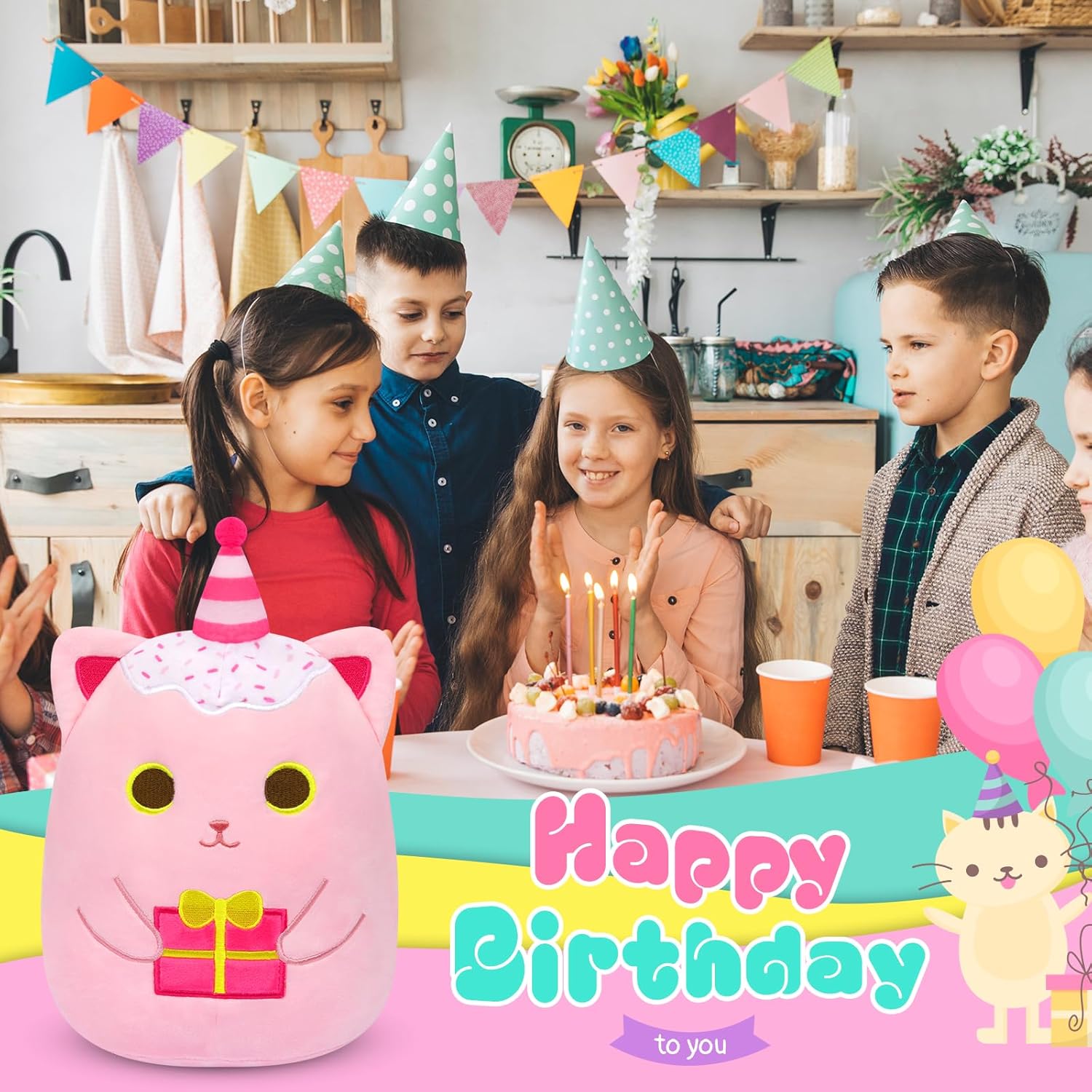 Pink Cat Plush 8 Inch Birthday Pillow Toy