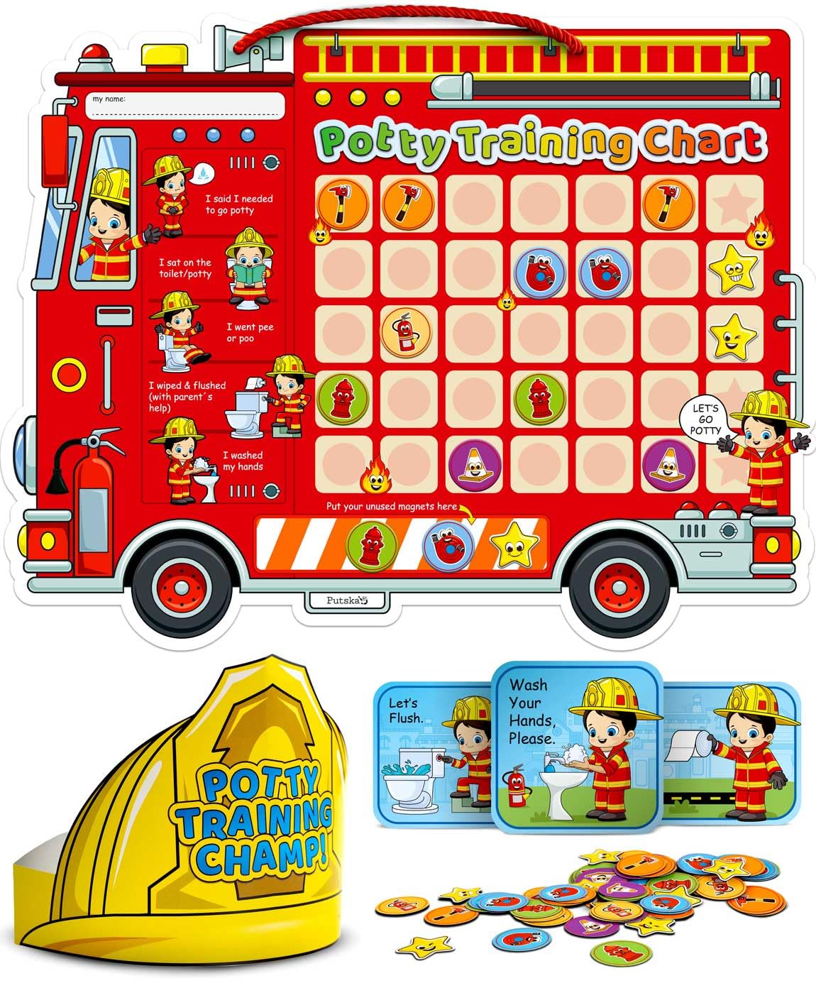 Potty Training Chart with Fireman Stickers and Crown for Toddlers