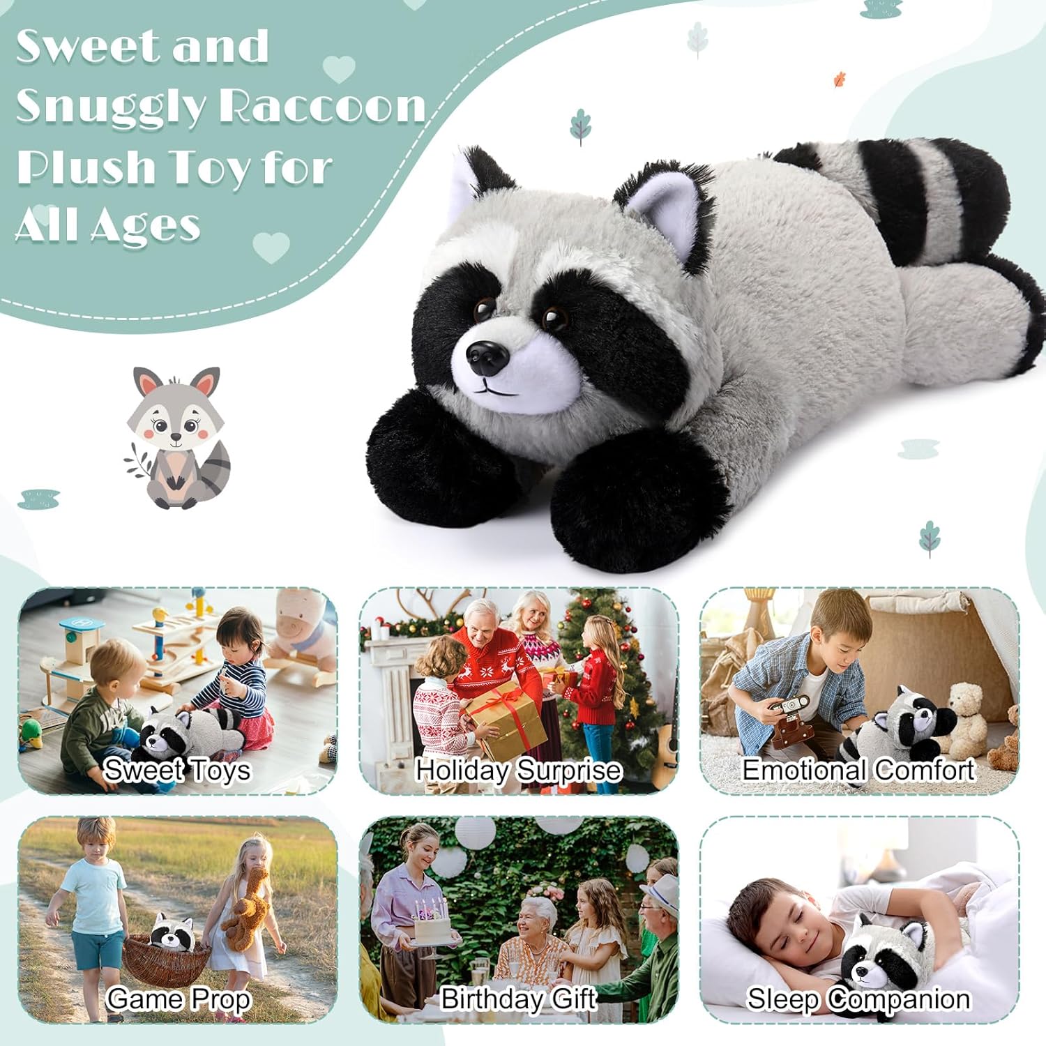 HyDren 18 Inch Raccoon Plush Pillow