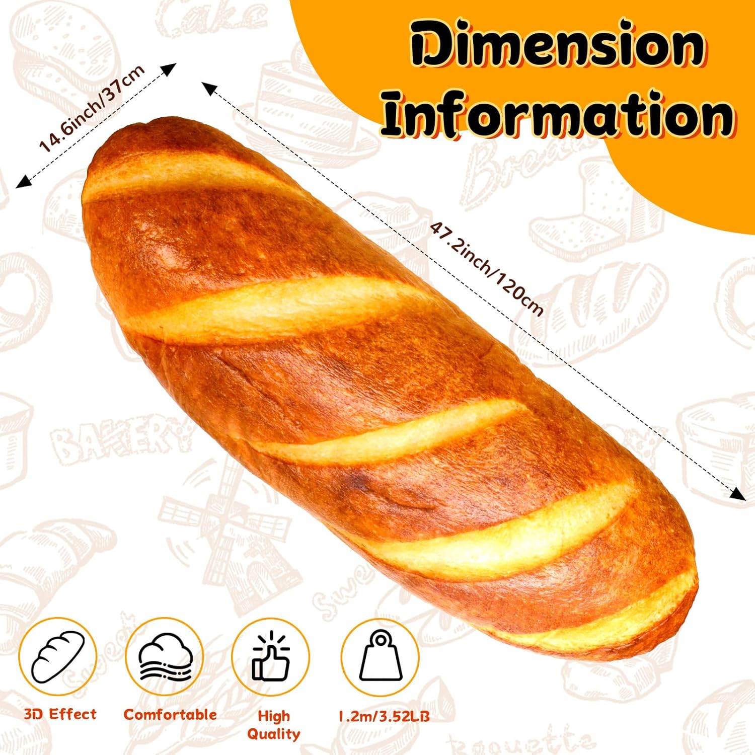 48 Inch Bread Plush Pillow for Kids