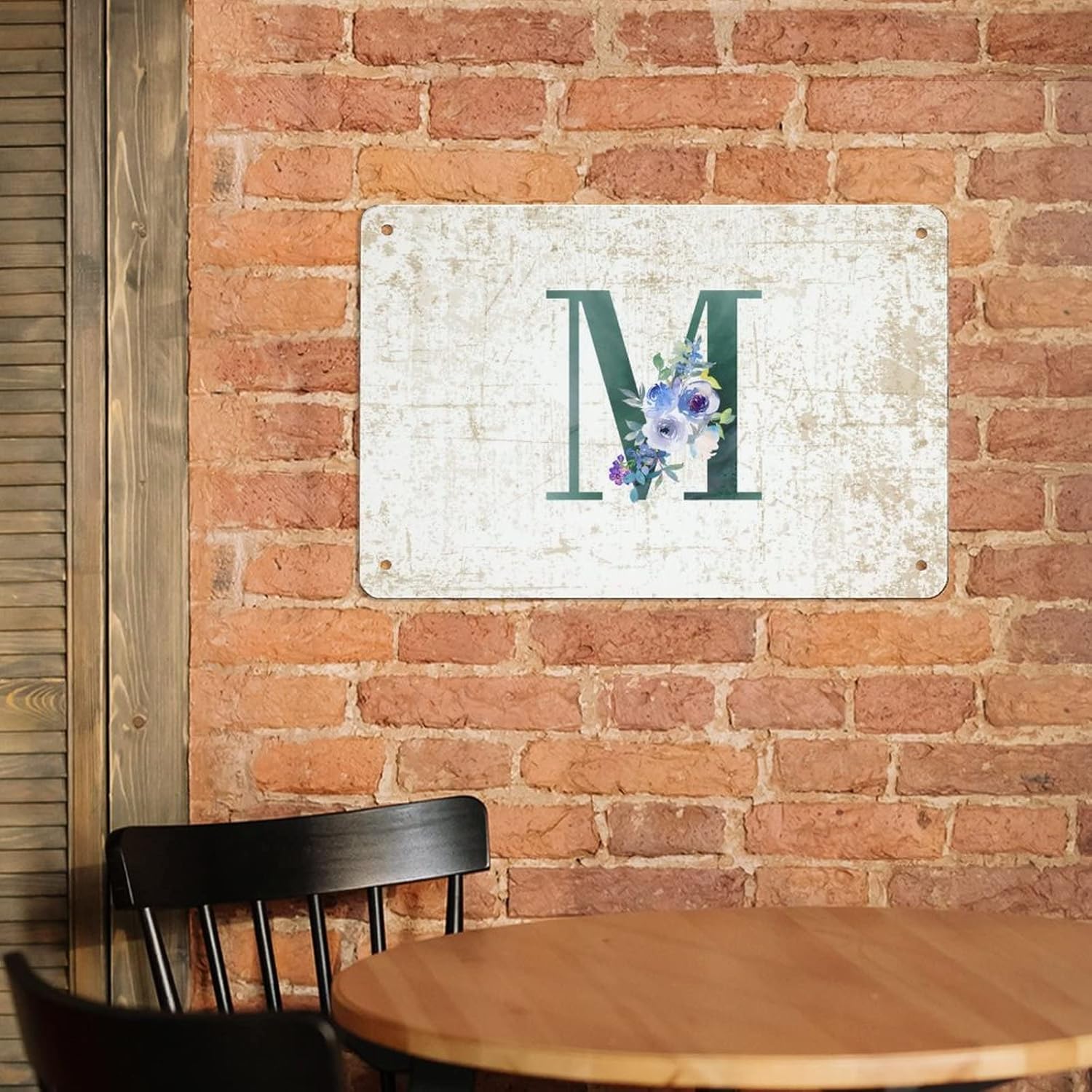 Floral Monogram Letter M Dark Green Tin Sign
