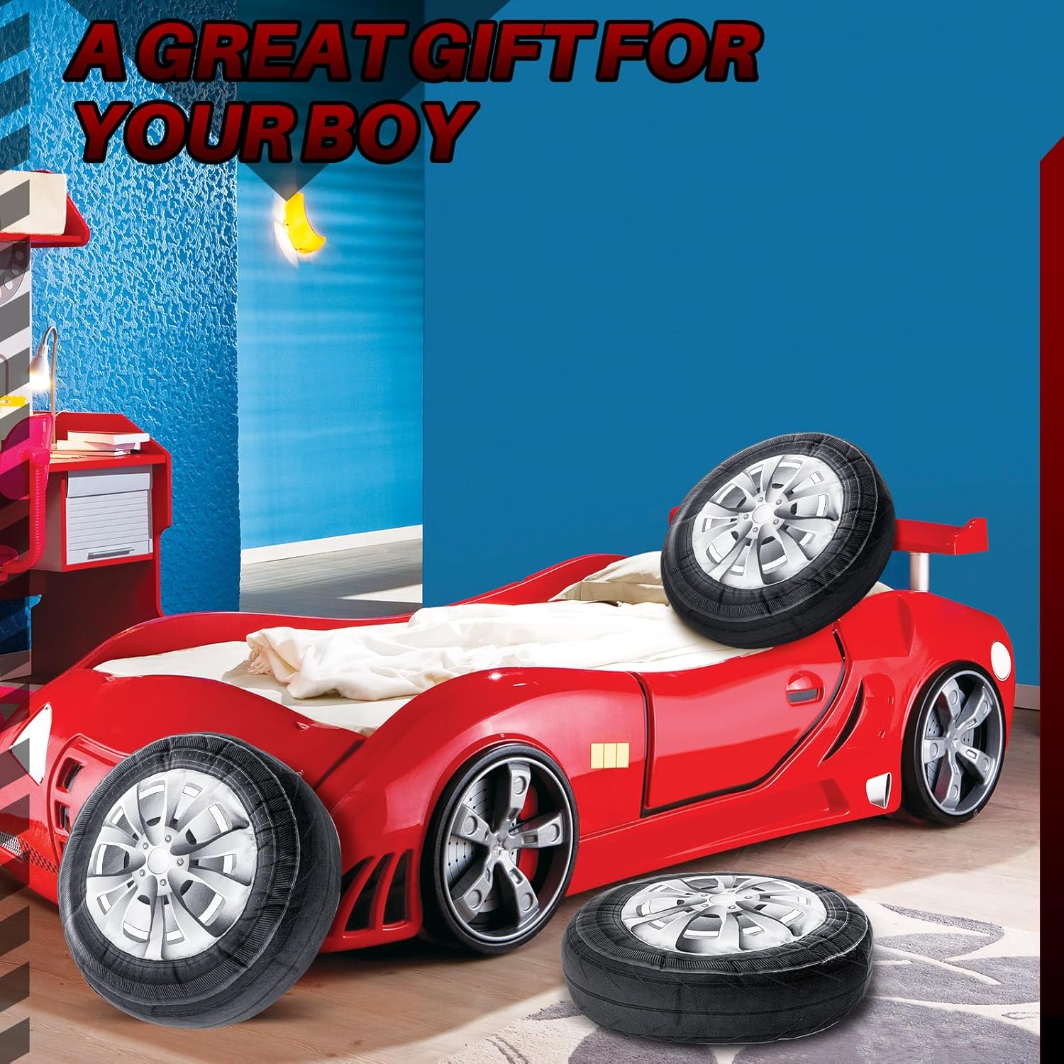 Meooeck 3D Wheel Plush Pillow for Boys